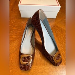Frances Valentine Brown Croc Heels with Gold Buckle